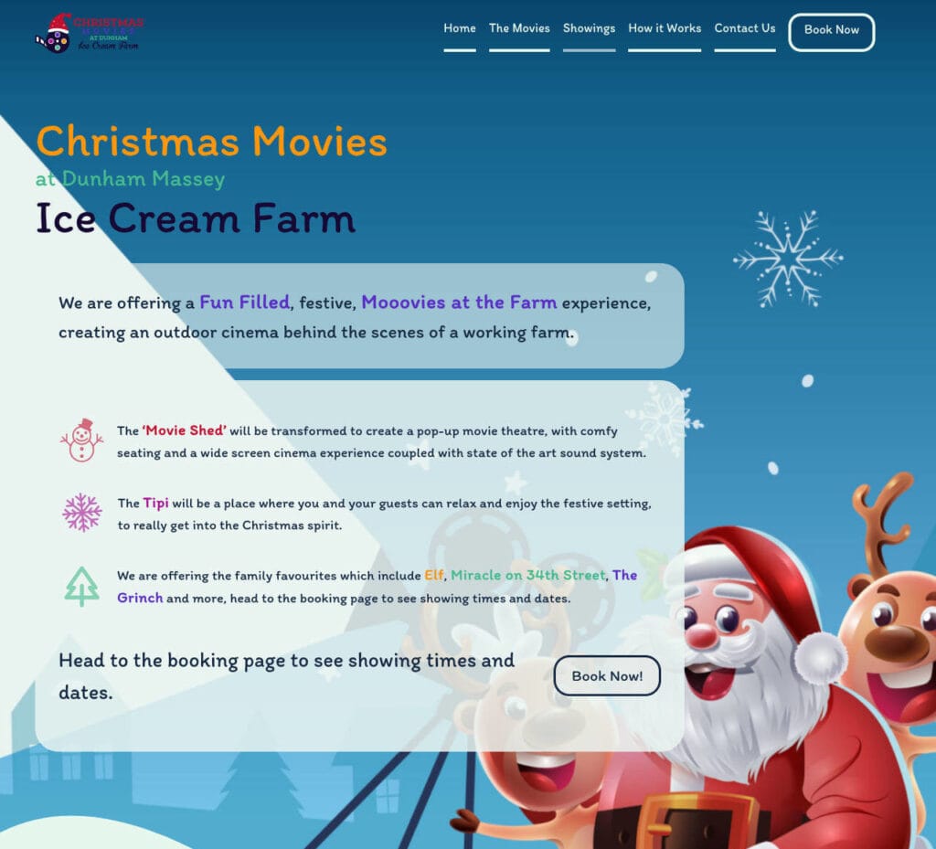 Screenshot of a custom WordPress event booking website for a festive cinema event.